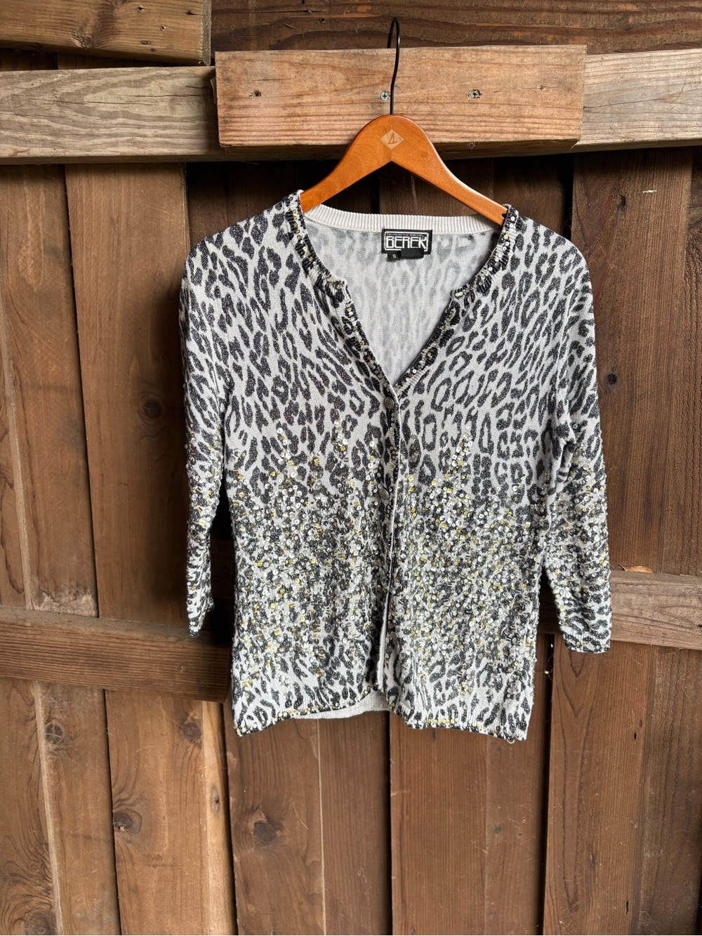 Vintage Berek Animal Print Metallic Silver 3/4 Sleeve Cardigan